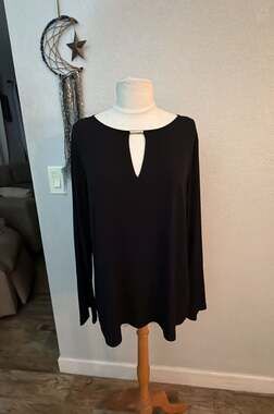 Michael Kors Long Sleeve Black Tunic Top with Keyhole Neck and Rhinestone Detail